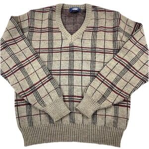 Vintage Grandpa Sweater Men XL Brown Plaid Wool Blend Knit V Neck 90s Y2K Golf
